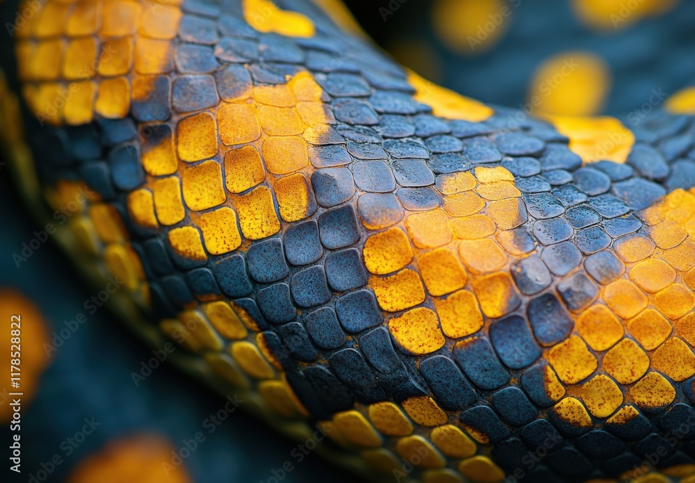 Poster close-up view of vibrant scales on a colorful snake with intricate patterns featuring bright yellow 