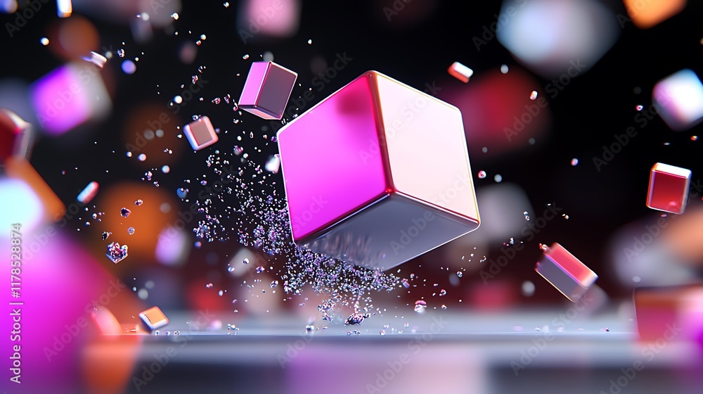 Poster pink and silver cube exploding into smaller pieces against dark background.