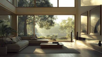 Fototapeta premium Bright modern space with panoramic window and cozy atmosphere