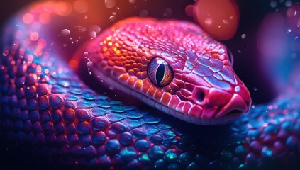 Fototapeta premium Colorful Close-Up of a Vibrant Snake with Glossy Scales and Intricate Patterns against a Dreamy Background, Capturing the Beauty of Wildlife in Stunning Detail