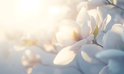 Obraz premium Soft sunlight illuminates delicate white magnolia blossoms.