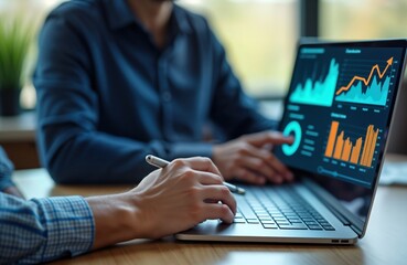 Business people analyze financial data on laptop. Virtual dashboards display growth graphs. Natural light streams into modern office. Hands use touch pen for data analysis. Tech, business key themes.