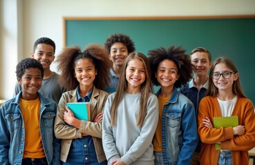 Happy junior school students stand in classroom. Diverse group of children smile at camera. Multi ethnic friends pose for group photo. Looks happy, friendly. In class. Photo shows students looking