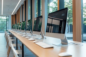 Educational technology setup modern office digital learning environment collaborative space wide-angle view innovation in research