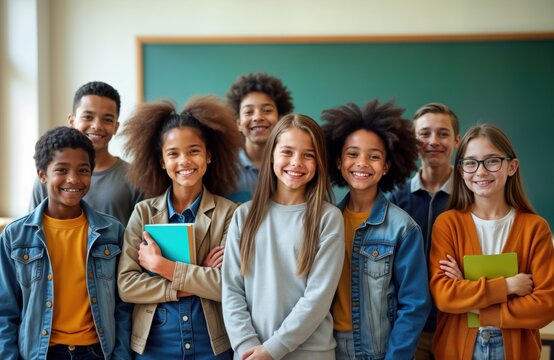 Happy junior school students stand in classroom. Diverse group of children smile at camera. Multi ethnic friends pose for group photo. Looks happy, friendly. In class. Photo shows students looking
