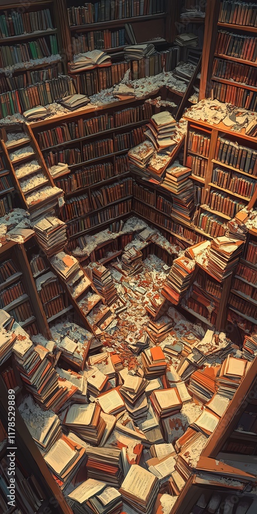 Poster a mesmerizing library scene with books spilling from shelves, creating a cozy and mysterious ambianc