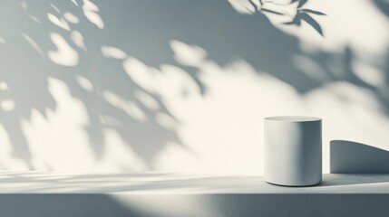 White cylindrical podium on a light gray surface with leaf shadows.