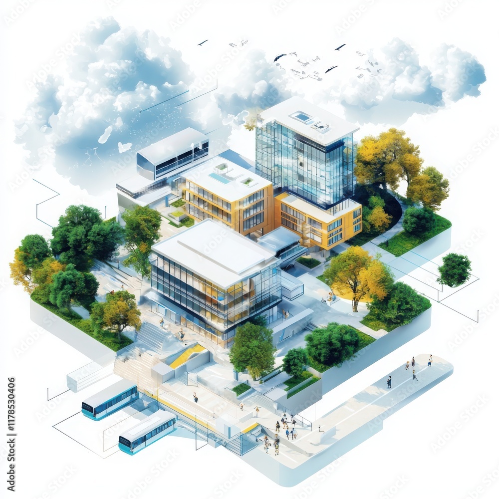 Poster educational technology campus design modern university architectural visualization urban environment