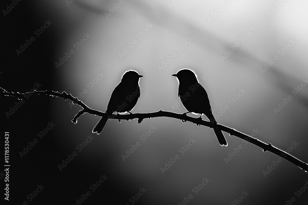 Poster two birds in silhouette on a branch, captured in black and white, creating a serene and artistic com