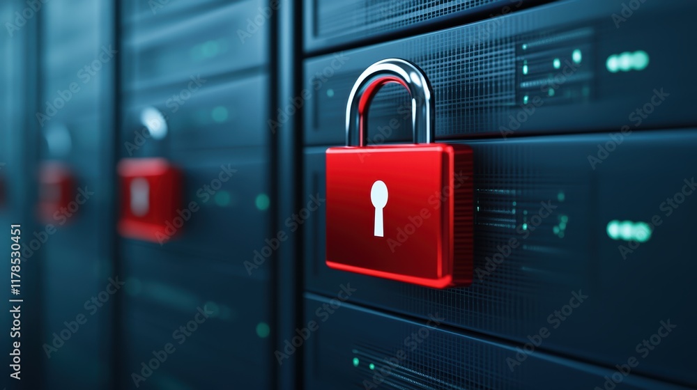 Poster reinforced server security, red padlock symbolizes enhanced data protection and access control
