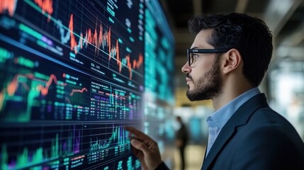 A professional man analyzes data on a digital screen