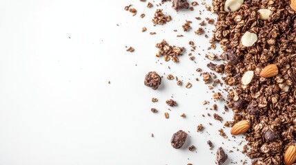 Chocolate granola clusters and nuts, scattered randomly on a white surface. Ample copy space for creative use.