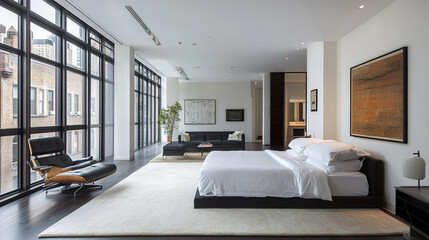 Fototapeta premium Modern minimalist bedroom with large windows and city view