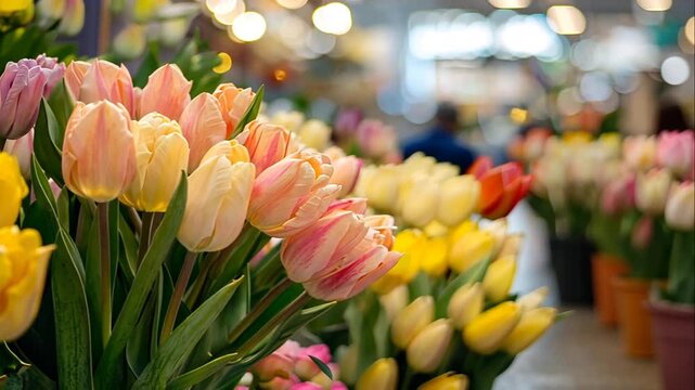 Close-up of a bouquet of pastel-colored tulips in a flower market.