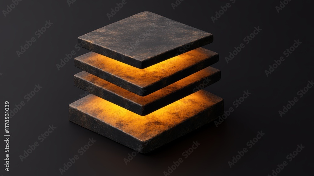 Poster glowing stone blocks, a balanced stack of illuminated stone in dark, ethereal setting