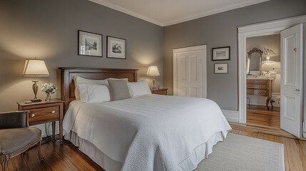 Elegant bedroom with gray walls and white bedding, featuring wooden furniture