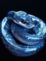 Fototapeta premium Hypnotic Close-Up of a Glossy Blue Snake Curled in a Mystical Pose Against a Black Background, Showcasing Its Intricate Scales and Captivating Eyes