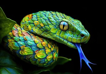 Fototapeta premium Intricate and Vibrant Green Snake with Colorful Scales and Vivid Blue Tongue Lying Among Deep Green Leaves on a Dark Background