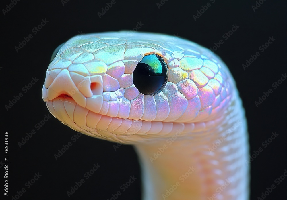 Poster iridescent snakelike creature with textured skin and striking eyes capturing light, displaying a uni