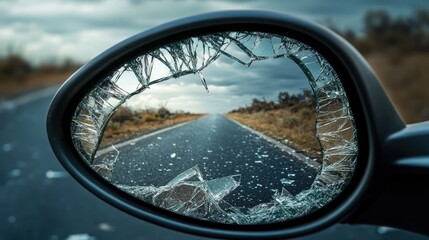Fototapeta premium Close-up of a broken car mirror reflecting the road, with shards of glass symbolizing the impact of a crash