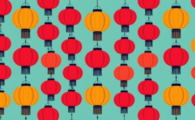 Naklejka premium A vibrant pattern of hanging lanterns in red and yellow hues against a teal background, evoking a festive and celebratory atmosphere.