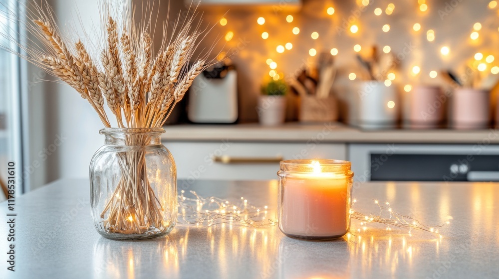 Canvas Prints Cozy kitchen scene with wheat, candle, and fairy lights.