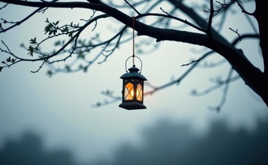 A single lantern, its warm light casting a glow against the cool, misty backdrop of a bare tree branch and a twilight sky.