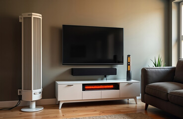 Modern living room features various tech-driven heating solutions. Stylish electric heater, infrared heater, oil heater provide cozy warmth. TV, sound bar conveniently positioned above, beside