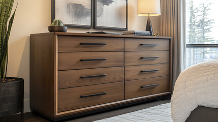 Wooden dresser with sleek handles in contemporary bedroom