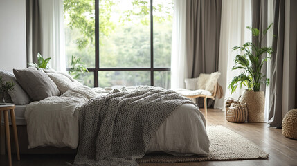 Contemporary bedroom with large bed and textured duvet, serene atmosphere
