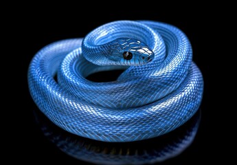 Obraz premium Ornate Blue Snake Coiled Gracefully, Capturing Light with Iridescent Scales on a Black Background for Nature and Wildlife Photography