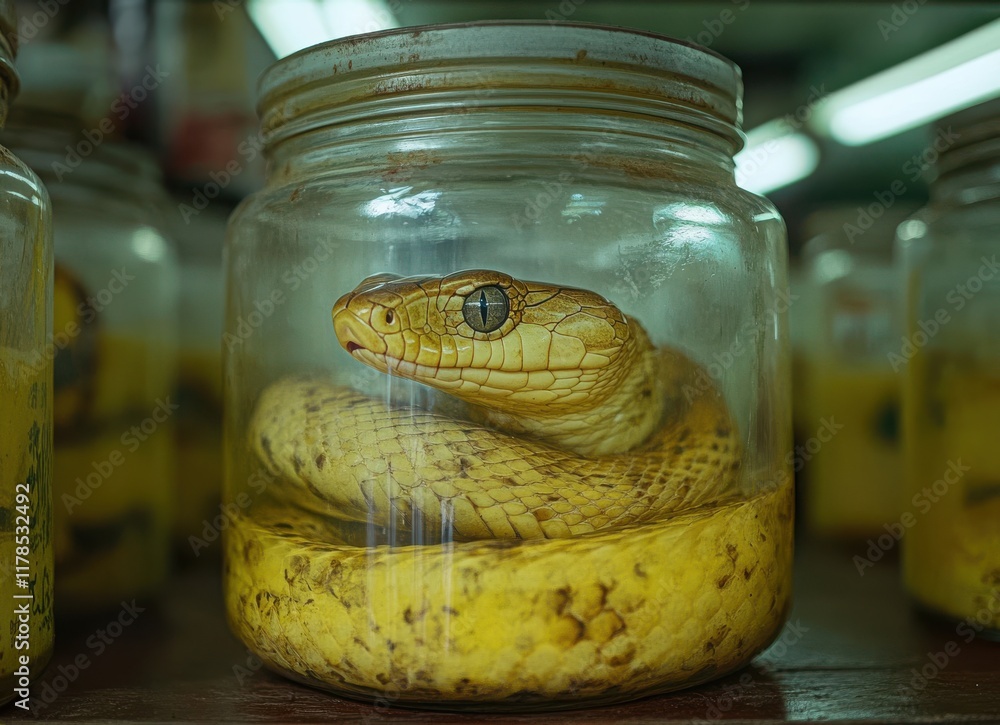 Poster preserved yellow snake in jar: a unique display of exotic wildlife and conservation practices in a c