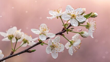 Blooming Flower Bouquet on a Branch with a Soft Pink Background