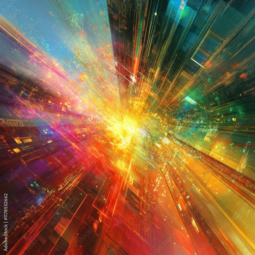 Poster a colorful explosion of light and color. the explosion is in the center of the image. the explosion 