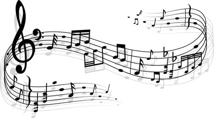 Music song wave with treble notes and clef symbol. Symphony harmony ans sound wave, classic orchestra music swirl isolated vector background. Audio record sound rhythm graphic pattern © Vector Tradition