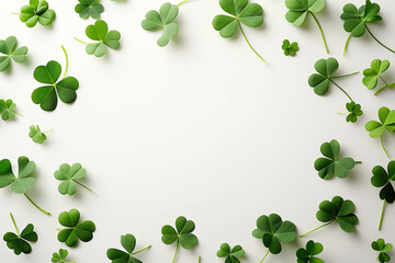 Minimalistic St. Patrick's composition featuring small clovers on a clean white background for festive decoration