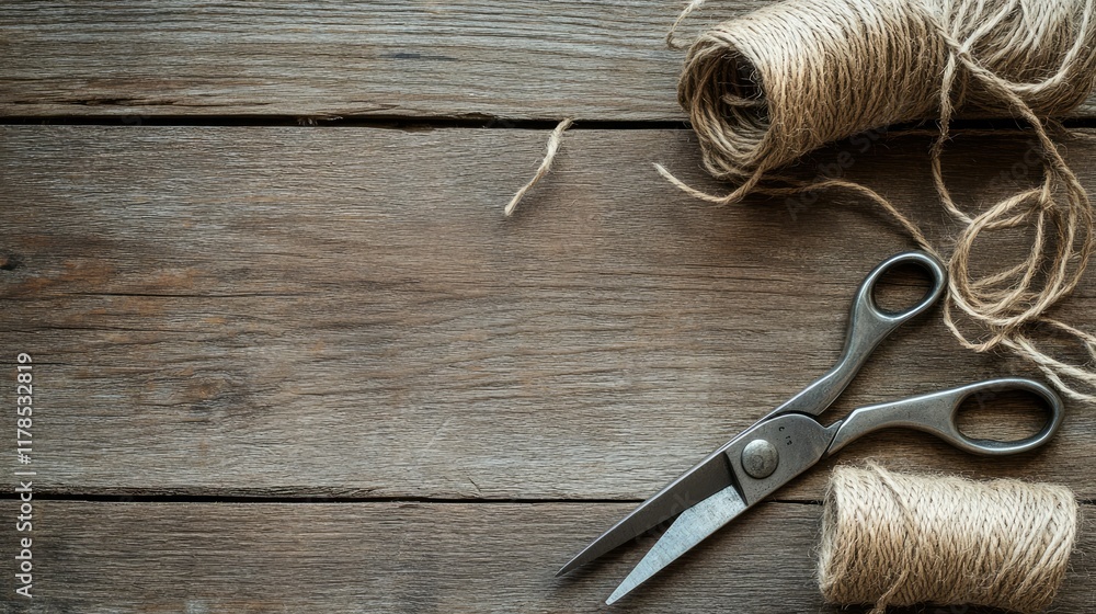 Poster close-up of scissors and twine arranged neatly on a textured wood backdrop with soft natural lightin