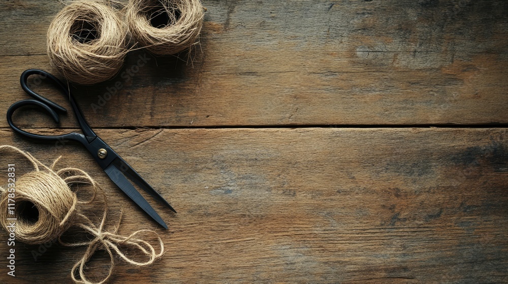 Poster close-up of scissors and twine arranged neatly on a textured wood backdrop with soft natural lightin