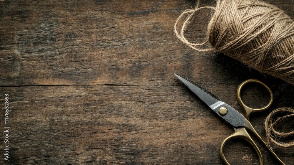 Poster close-up of scissors and twine arranged neatly on a textured wood backdrop with soft natural lightin