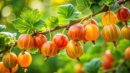 Ripe Orange Gooseberries on a Branch Surrounded by Lush Green Leaves - Vibrant Nature Scene Capturing the Essence of Summer Harvest and Organic Gardening