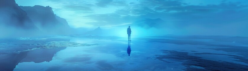 Fototapeta premium In a surreal landscape, a figure intersects with its own reflections in multiple dimensions The subject contemplates existence, cast in an ethereal blue light Surreal, 3D render, Silhouette lighting,