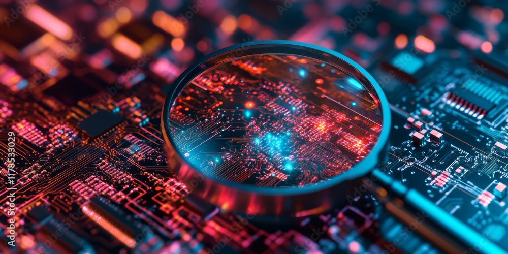 Poster a magnified view of a computer chip. the chip is red and blue. the magnified view shows the chip's i