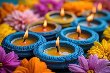 Lit diyas & flowers on turquoise for Diwali.