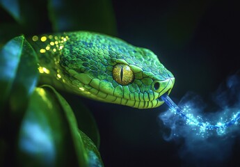 Striking Close-Up of a Green Snake with Vivid Scales and Mystical Blue Smoke Emerging from Its Mouth Among Lush Foliage in a Dark Jungle Setting