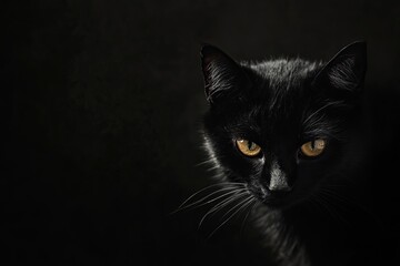 Fototapeta premium Close-up of a black cat with striking yellow eyes, captured in low light against a dark background, exuding mystery and elegance.