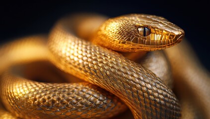 Fototapeta premium Stunning close-up of a golden snake, showcasing intricate scales and captivating eyes, perfect for wildlife, nature, or exotic animal themes in photography.