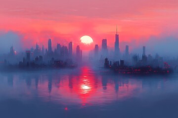 Fototapeta premium Cityscape Silhouette at Sunset Over Calm Water