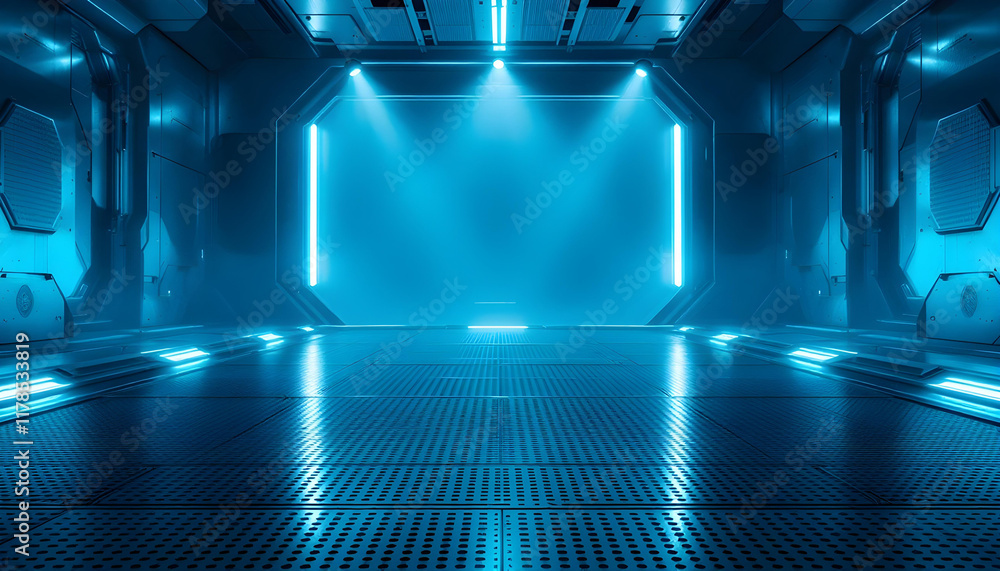Poster abstract blue and black are light patterns with a gradient with a floor wall metal texture and soft 