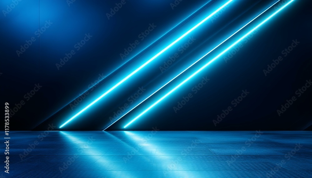Poster abstract blue and black are light patterns with a gradient with a floor wall metal texture and soft 