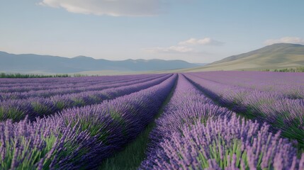 Obraz premium Tranquil lavender fields under a clear daytime sky, with rows of purple flowers stretching to the horizon. Captures the tranquility and beauty of nature